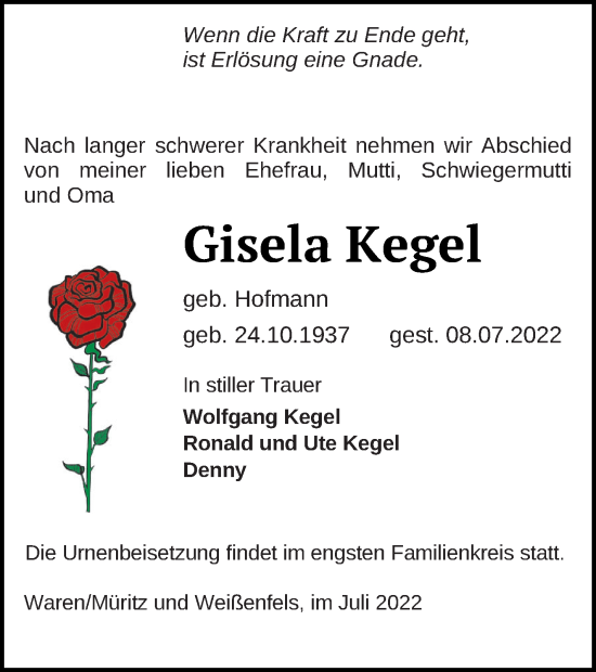 Traueranzeige von Gisela Kegel von Müritz-Zeitung