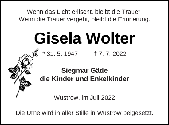 Traueranzeige von Gisela Wolter von Strelitzer Zeitung