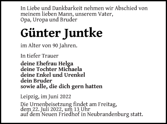 Traueranzeige von Günter Juntke von Neubrandenburger Zeitung