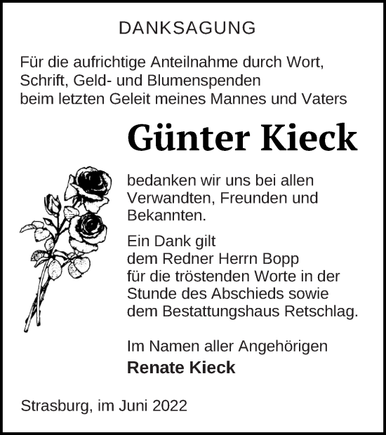 Traueranzeige von Günter Kieck von Pasewalker Zeitung