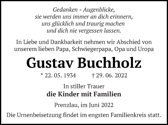 Traueranzeige von Gustav Buchholz von Prenzlauer Zeitung