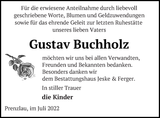 Traueranzeige von Gustav Buchholz von Prenzlauer Zeitung