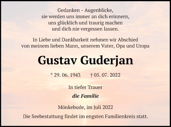 Traueranzeige von Gustav Guderjan von Haff-Zeitung