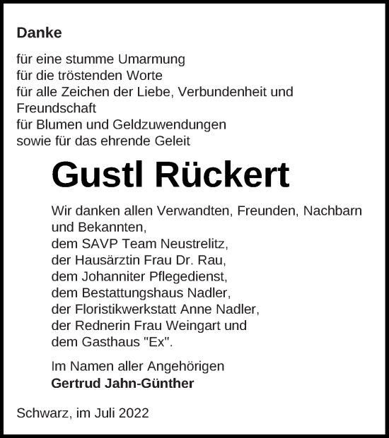 Traueranzeige von Gustl Rückert von Strelitzer Zeitung