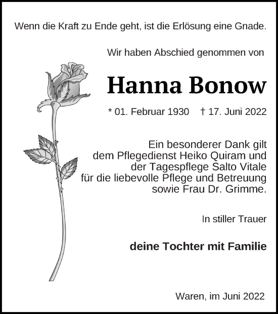 Traueranzeige von Hanna Bonow von Müritz-Zeitung