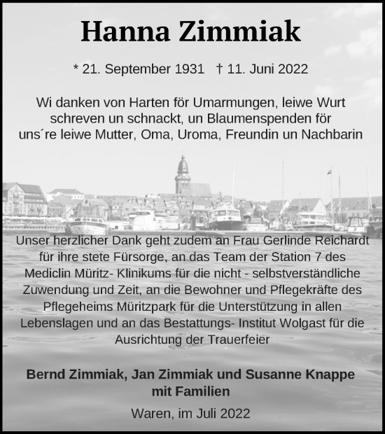 Traueranzeige von Hanna Zimmiak von Müritz-Zeitung