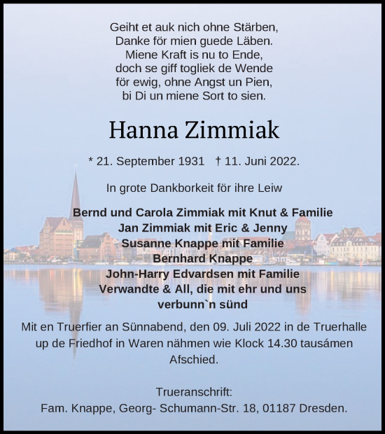Traueranzeige von Hanna Zimmiak von Müritz-Zeitung