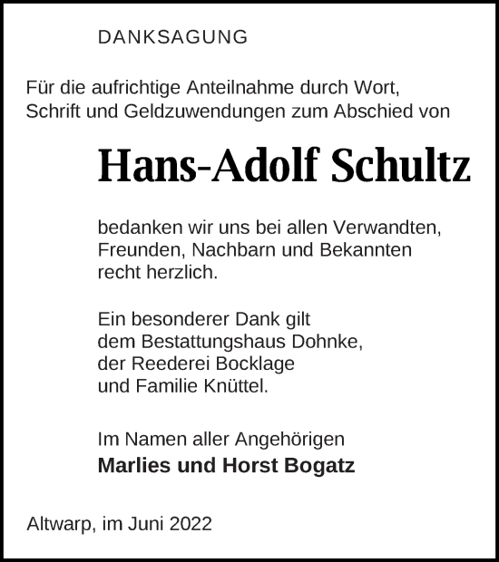 Traueranzeige von Hans-Adolf Schultz von Haff-Zeitung