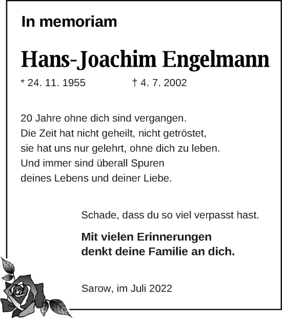 Traueranzeige von Hans-Joachim Engelmann von Demminer Zeitung