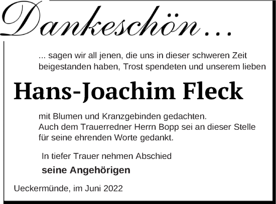 Traueranzeige von Hans-Joachim Fleck von Haff-Zeitung