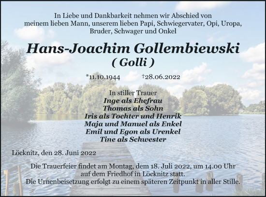 Traueranzeige von Hans-Joachim Gollembiewski von Pasewalker Zeitung