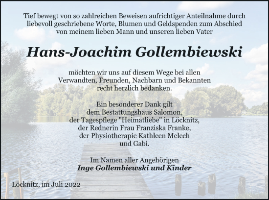 Traueranzeige von Hans-Joachim Gollembiewski von Pasewalker Zeitung