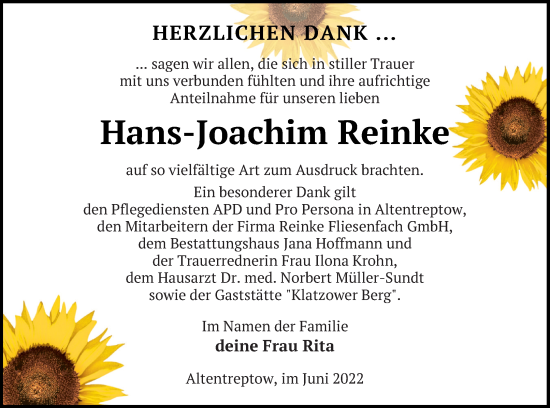 Traueranzeige von Hans-Joachim Reinke von Neubrandenburger Zeitung