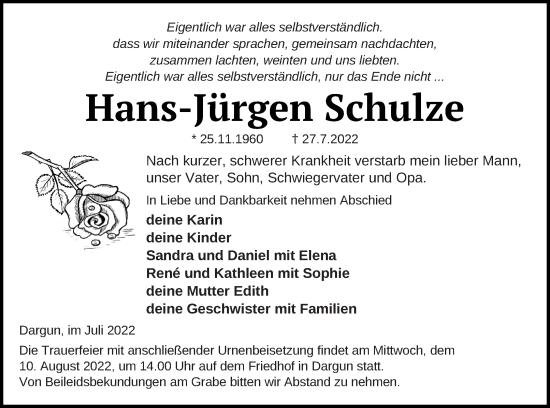 Traueranzeige von Hans-Jürgen Schulze von Demminer Zeitung