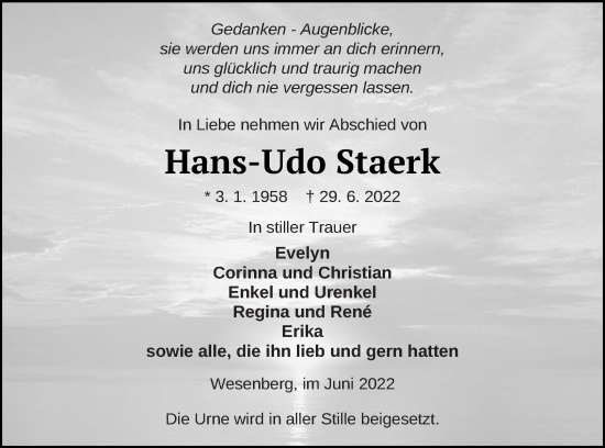 Traueranzeige von Hans-Udo Staerk von Strelitzer Zeitung