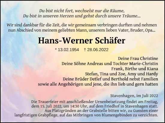 Traueranzeige von Hans-Werner Schäfer von Mecklenburger Schweiz