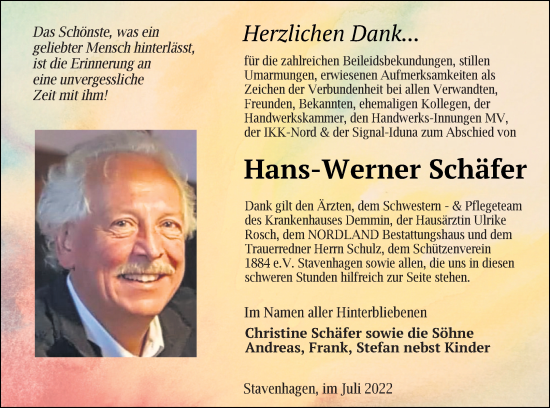 Traueranzeige von Hans-Werner Schäfer von Mecklenburger Schweiz