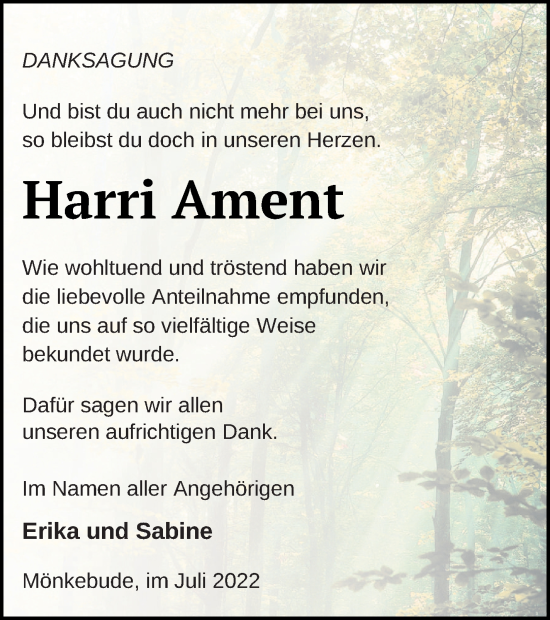 Traueranzeige von Harri Ament von Haff-Zeitung