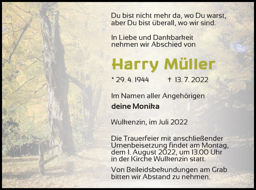  Traueranzeige für Harry Müller vom 23.07.2022 aus Neubrandenburger Zeitung