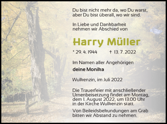 Traueranzeige von Harry Müller von Neubrandenburger Zeitung