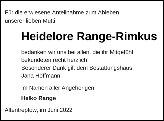 Traueranzeige von Heidelore Range-Rimkus von Neubrandenburger Zeitung