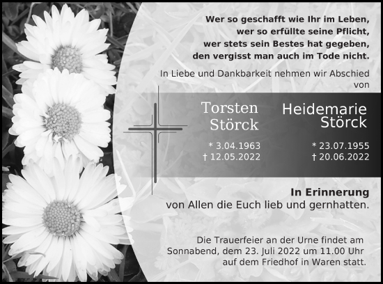 Traueranzeige von Heidemarie Störck von Müritz-Zeitung