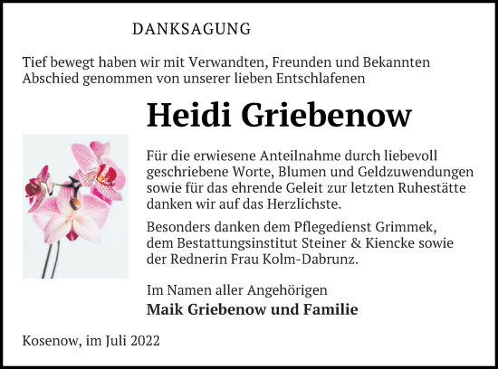 Traueranzeige von Heidi Griebenow von Vorpommern Kurier