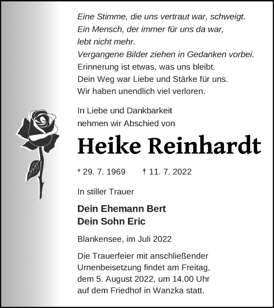 Traueranzeige von Heike Reinhardt von Strelitzer Zeitung