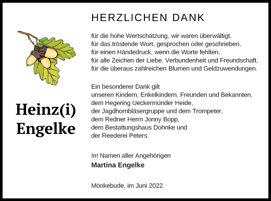 Traueranzeige von Heinz Engelke von Haff-Zeitung