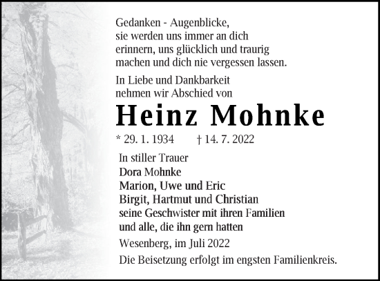 Traueranzeige von Heinz Mohnke von Strelitzer Zeitung