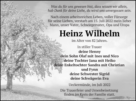 Traueranzeige von Heinz Wilhelm von Haff-Zeitung