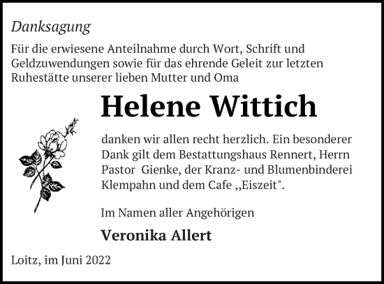 Traueranzeige von Helene Wittich von Vorpommern Kurier