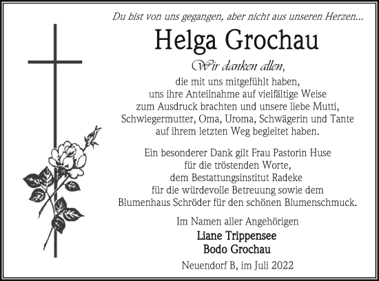 Traueranzeige von Helga Grochau von Vorpommern Kurier