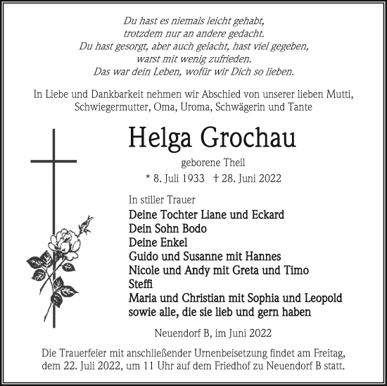 Traueranzeige von Helga Grochau von Vorpommern Kurier