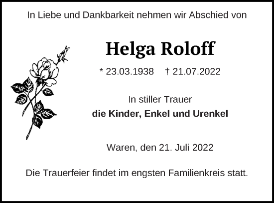 Traueranzeige von Helga Roloff von Müritz-Zeitung