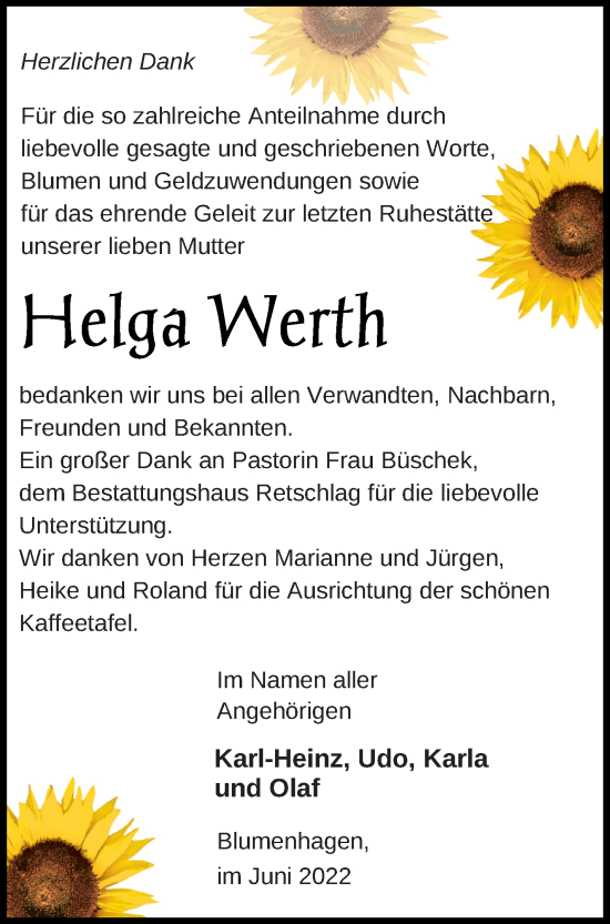 Traueranzeige von Helga Werth von Pasewalker Zeitung