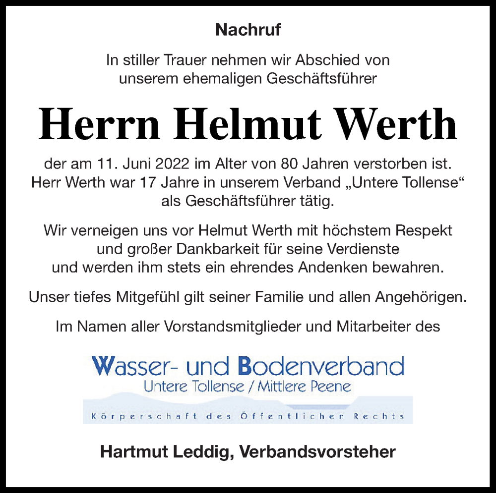  Traueranzeige für Helmut Werth vom 02.07.2022 aus Demminer Zeitung