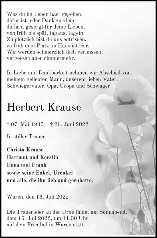 Traueranzeige von Herbert Krause von Müritz-Zeitung