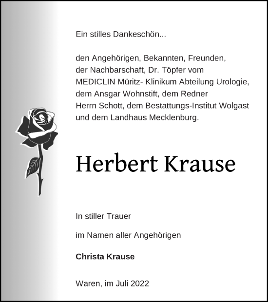 Traueranzeige von Herbert Krause von Müritz-Zeitung