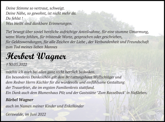 Traueranzeige von Herbert Wagner von Templiner Zeitung