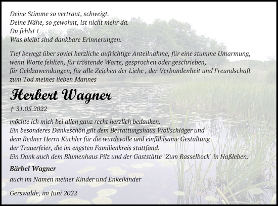 Traueranzeige von Herbert Wagner von Templiner Zeitung