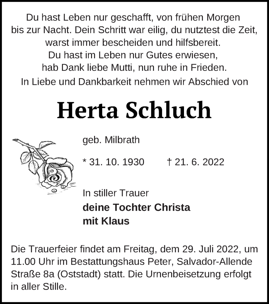  Traueranzeige für Herta Schluch vom 02.07.2022 aus Neubrandenburger Zeitung
