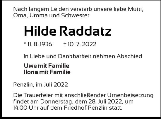 Traueranzeige von Hilde Raddatz von Neubrandenburger Zeitung