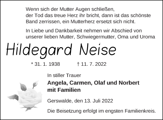 Traueranzeige von Hildegard Neise von Templiner Zeitung