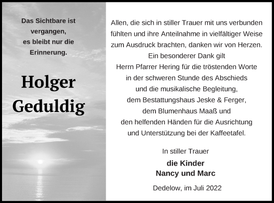 Traueranzeige von Holger Geduldig von Prenzlauer Zeitung