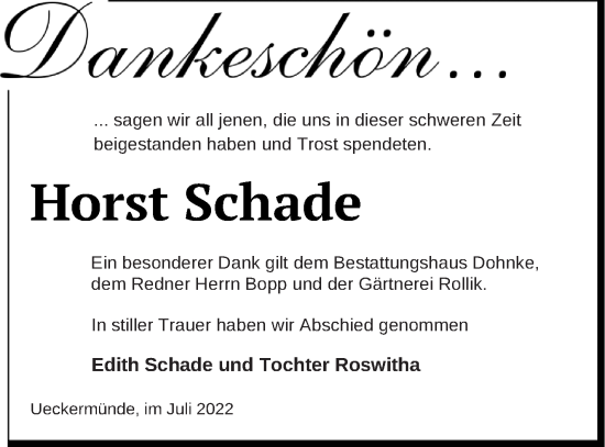 Traueranzeige von Horst Schade von Haff-Zeitung