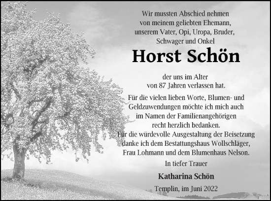 Traueranzeige von Horst Schön von Templiner Zeitung