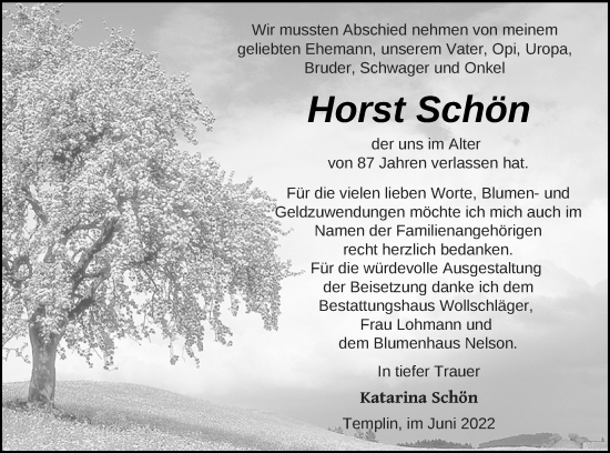 Traueranzeige von Horst Schön von Templiner Zeitung