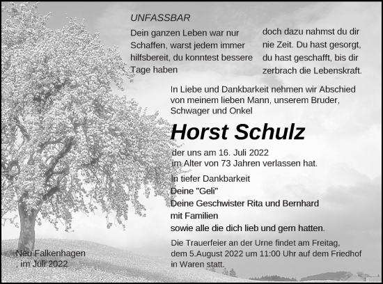 Traueranzeige von Horst Schulz von Müritz-Zeitung