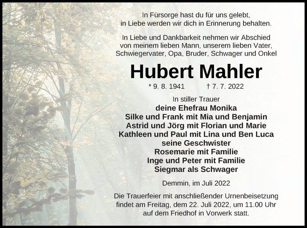  Traueranzeige für Hubert Mahler vom 13.07.2022 aus Demminer Zeitung
